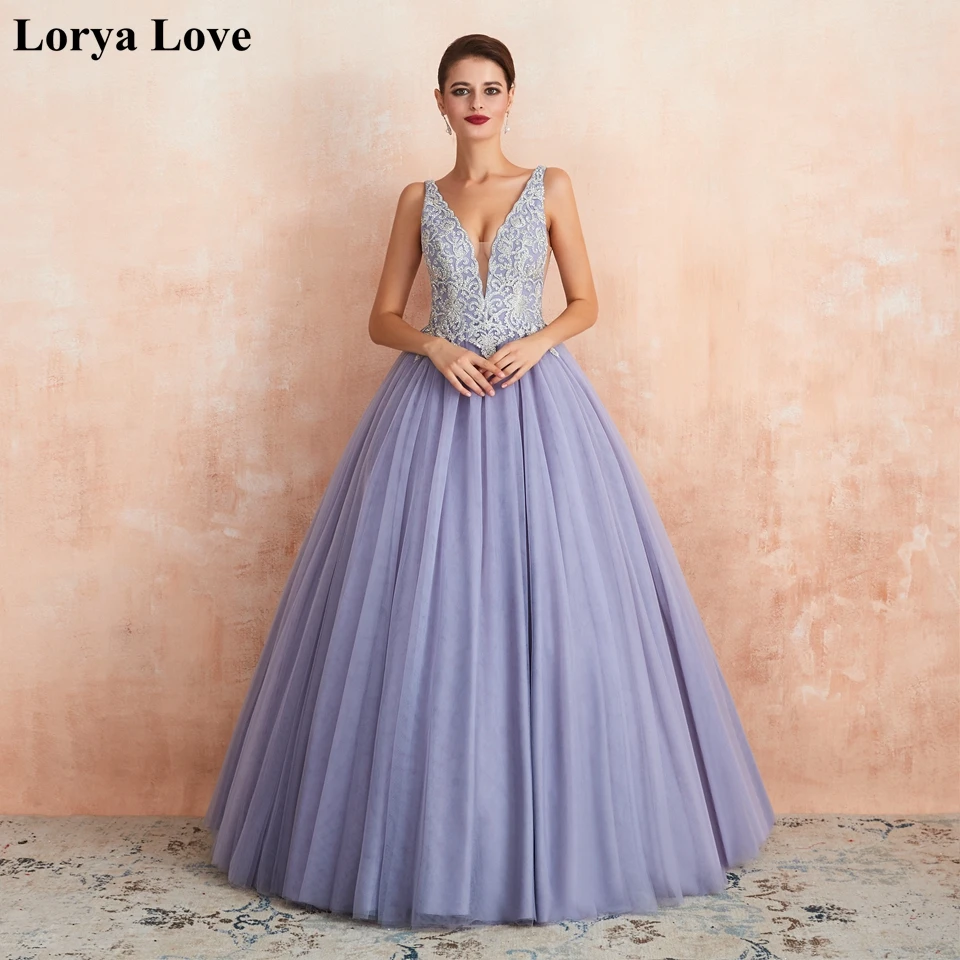

Lavender Ball Gown Prom Dresses 2020 Women Formal Party Robe De Soiree Fluffy Tulle Lace Appliques Crystal Long Evening Gowns
