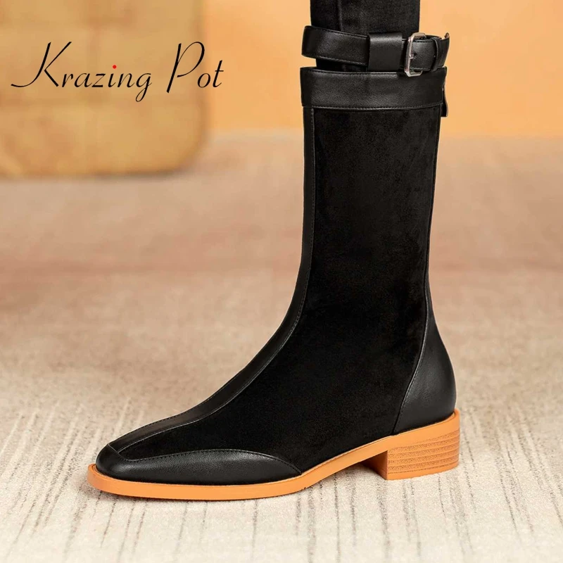 

krazing pot 2022 winter new arrival genuine leather square toe med heel Korean street beauty girls elegant mid-calf boots L55