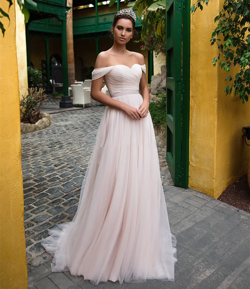 Elegant Off Shoulder Wedding Dresses White Tulle Sleeveless Bride Dress Sweep Train A Line Bridal Gowns Vestido de noiva | Свадьбы и