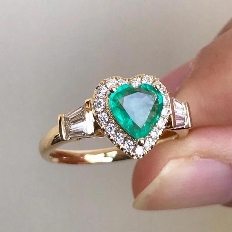 

Fashion Silver Color Love Heart Green CZ Stone Rings For Women Girls Engagement Party Banquet Jewelry Accessories Gift