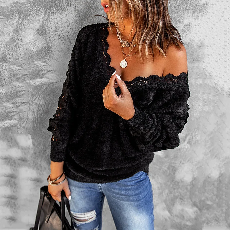 

European and American Sweater Women's Autumn Winter New Solid Color Lace V-neck Sleeve Hollowed Out Sexy Knitted Top