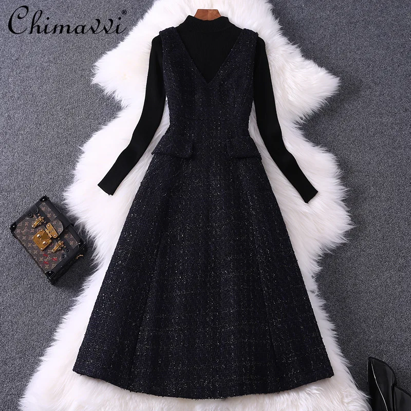 

Autumn Winter High-End Black Straight Long Sleeve Solid Color Pullover V-neck High Waist Slim Sleeveless Dress Fashion Outfit