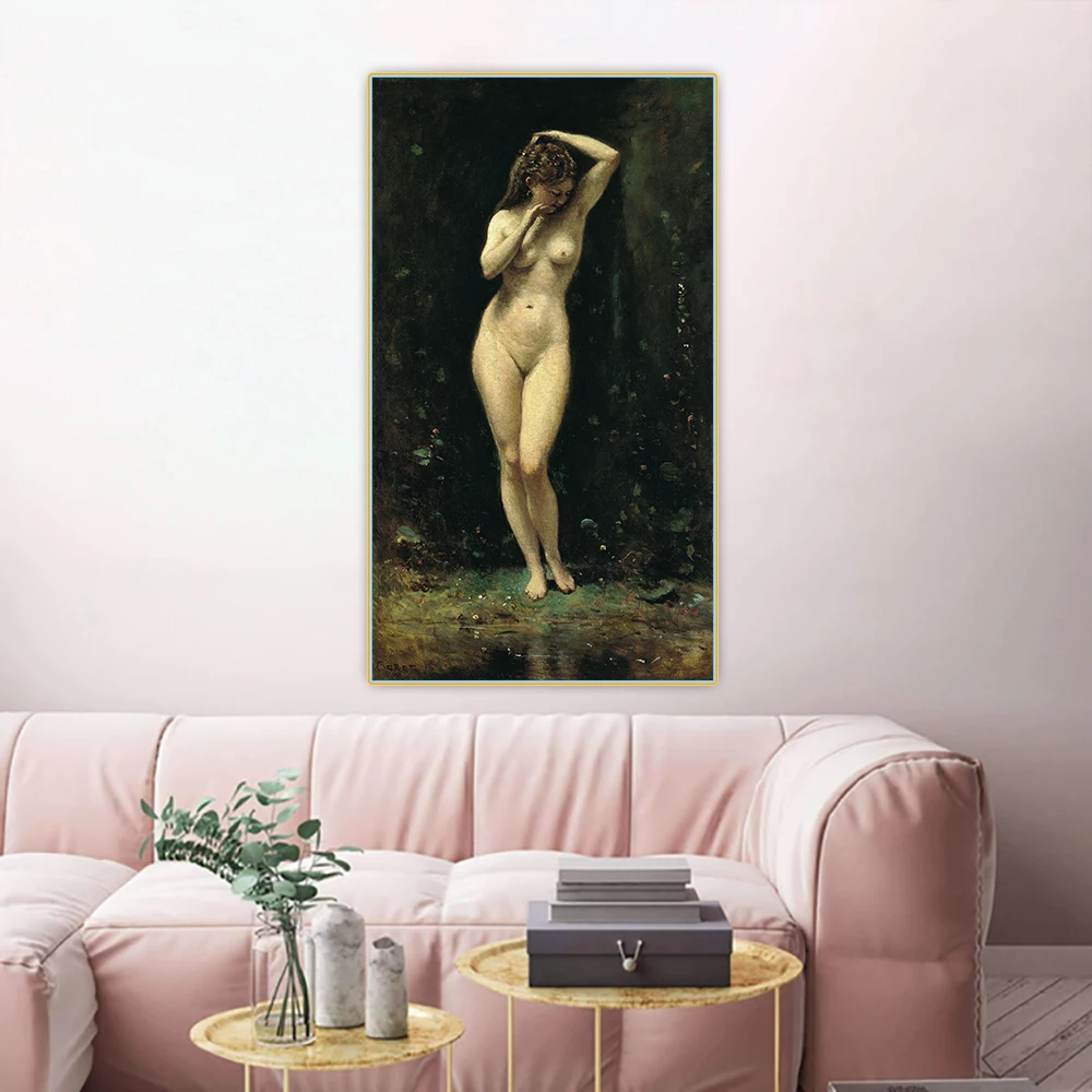 

Holover Western Art Decor Poster Canvas Oil Painting Jean Baptiste Camille Corot"Diana Bathing(A Fountain)"Wall Home Aesthetic