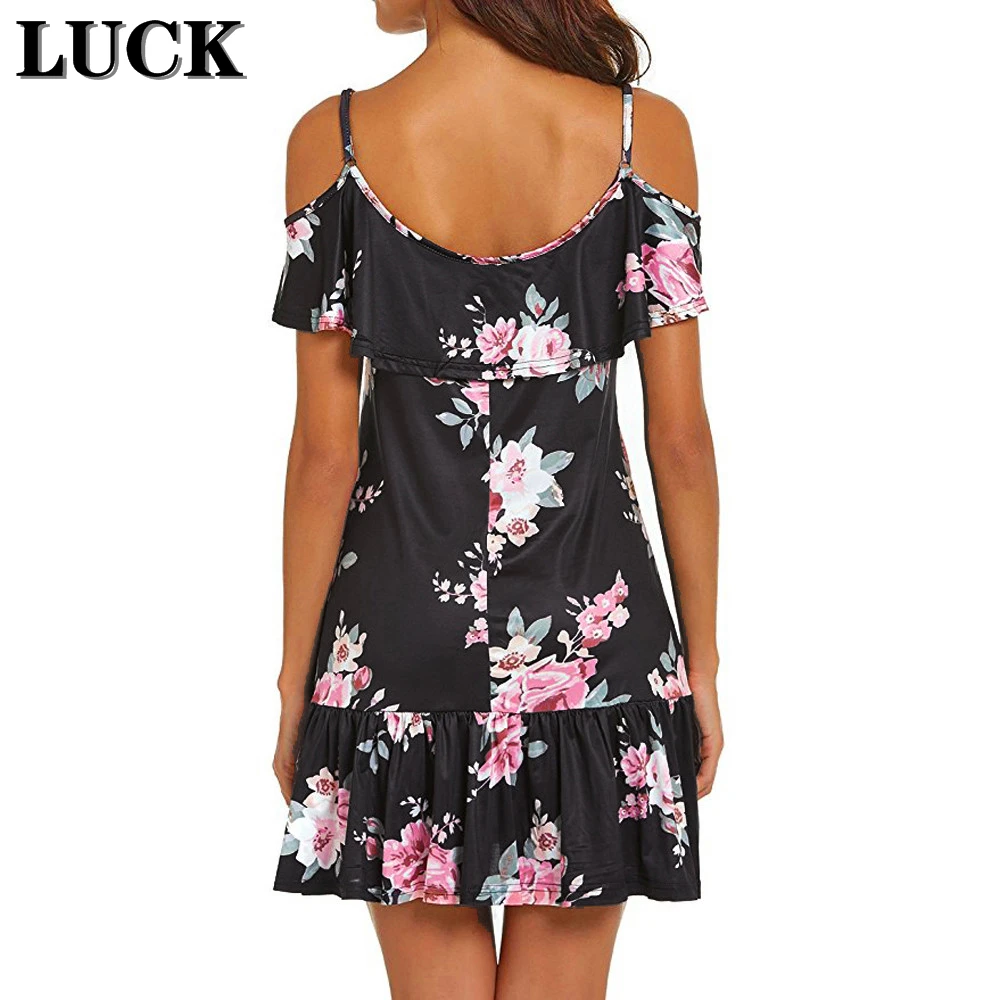 LUCK женское сексуальное платье с открытыми плечами цветочным принтом мини на