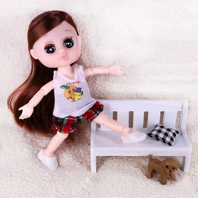 

16cm 1/12 Bjd Kawaii Doll with 3D Blink Eyes Casual Clothes Accessories Exquisite Dress PVC Dogs Toys For Girls Birhday Gift