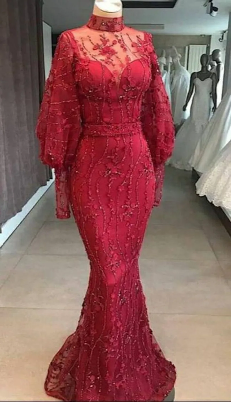 

Formal Women Evening Dinner Dresses High Neck Long Sleeves Beading Applique Mermaid Prom Gowns Party Wear