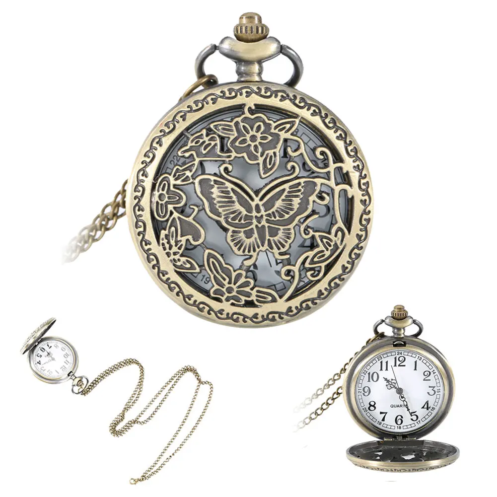 Винтажный кварцевый Карманный чехол с бабочкой и цветами подвеска для часов