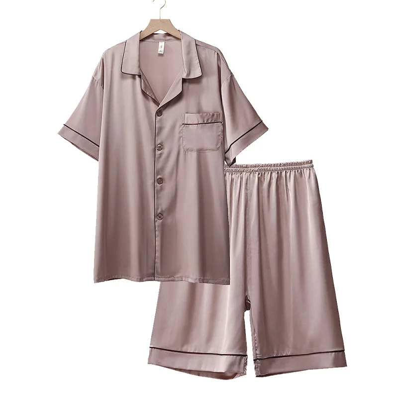 

2021 New Men Pijamas Suit Satin 2PCS Sleepwear Short Sleeve Shirt&Shorts Male Casual Pajamas Set Loungewear With Pockets