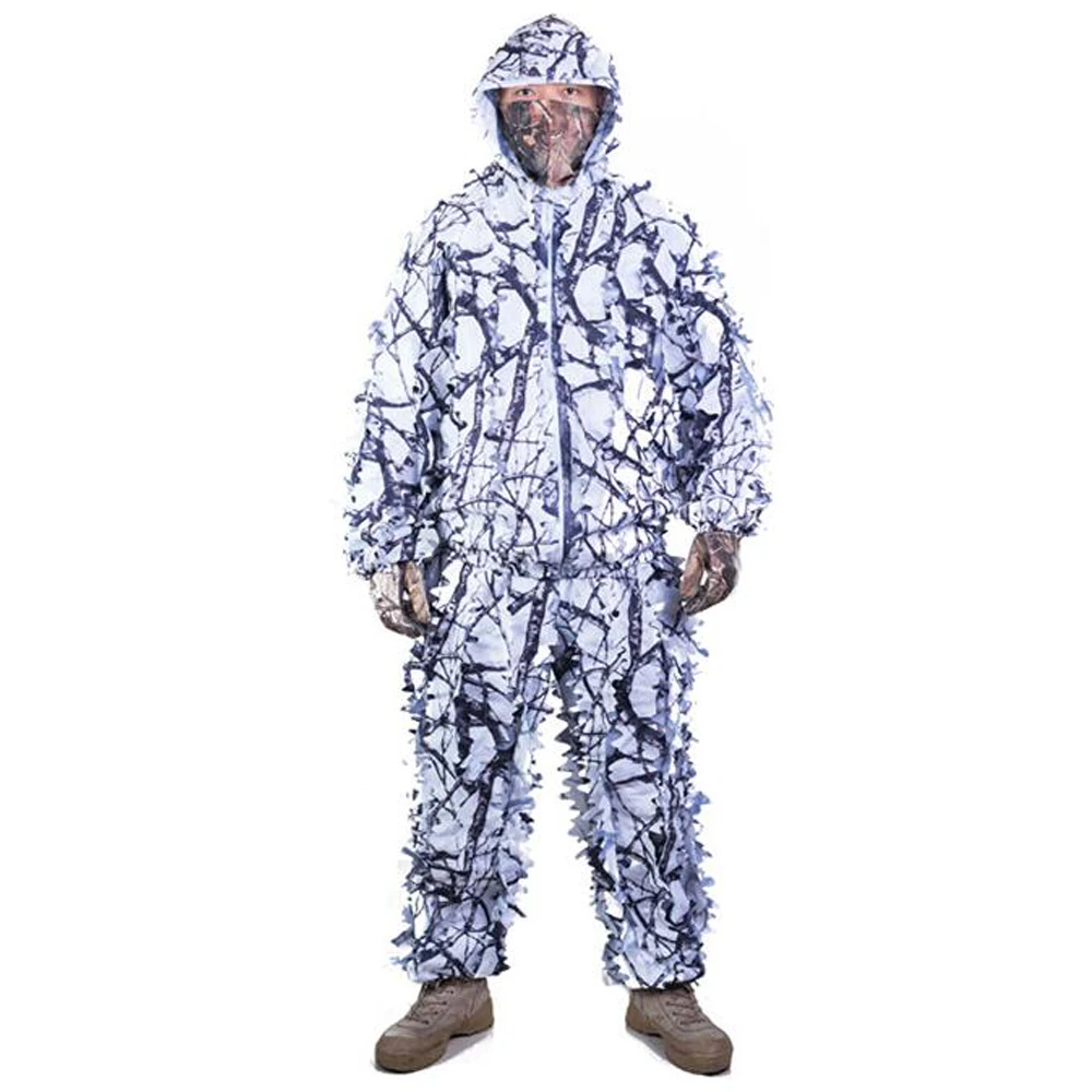 Sniper CS Bionic Camouflage Suit Men 3D Maple Leaf Ghillie Suits Winter White Snow Hunting Clothes Invisible Camo Full Set | Спорт и