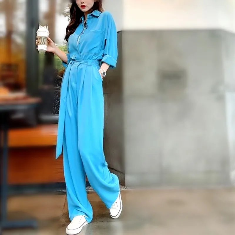 

With Sashes Designer Spring Jumpsuit Women Loose Casual Long Sleeve Rompers and Jumpsuits Streetwear Overalls Pants NZ172