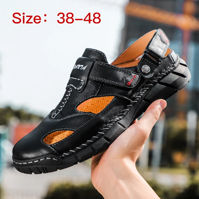 

Genuine Leather Sandals 2021 Men Hollow Out Breathable Summer Men's Casual Shoes Bottom Slip-on Outdoor Footwear Big Size 38-48