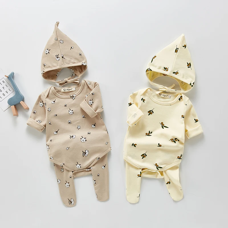 0-24M Baby Printed Romper Spring and Autumn Clothing Set 3-Piece Suit Jumpsuit + Legging + Hat Newborn Baby Boy Girl Clothes