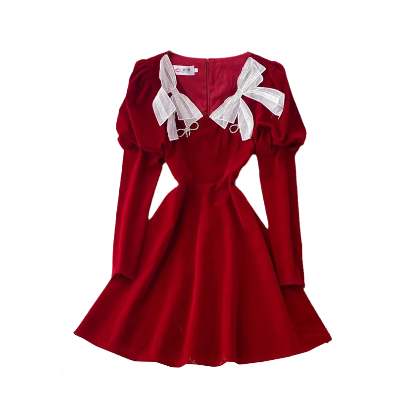 Christmas elegant square-necked gold velvet puff sleeve dress women Winter waist temperament bowknot a-line mini vestido | Женская