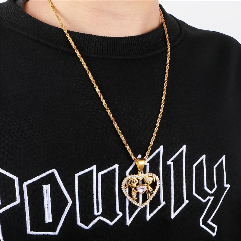 

Bling Iced Out Heart Love Necklace & Pendants Paved Pendant Stainless Steel Chain For Men jewelry