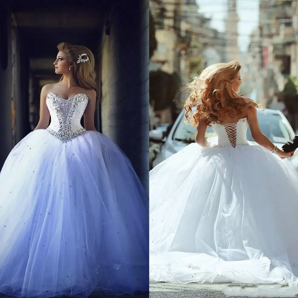 

Princess Wedding Dresses Ball Sweetheart Crystals Sleeveless Tulle Court Train Bridal Gowns Lace Up Back Custom Made