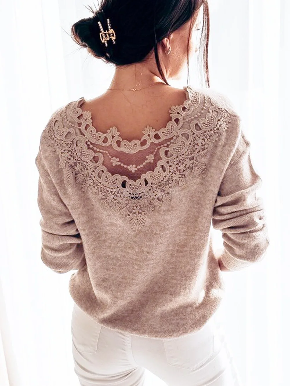 Осенняя Женская одежда сексуальный элегантный кружевной пуловер с открытой