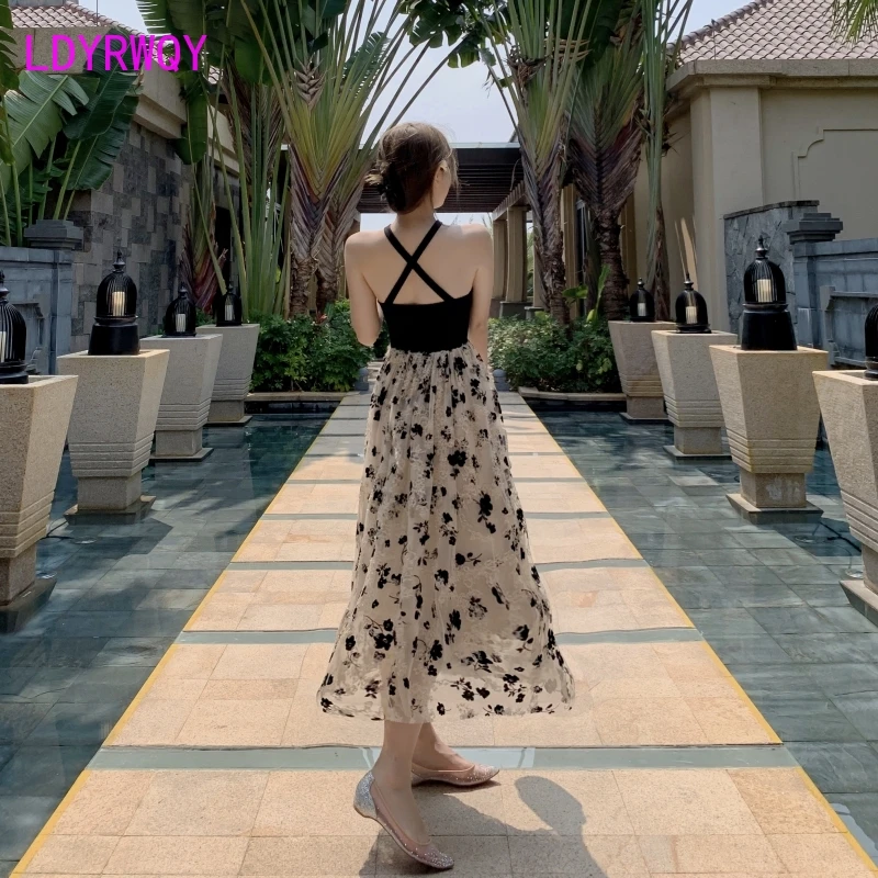 

LDYRWQY 2021 summer new French sexy slim halter neck strap mesh floral sling beach dress Polyester Office Lady