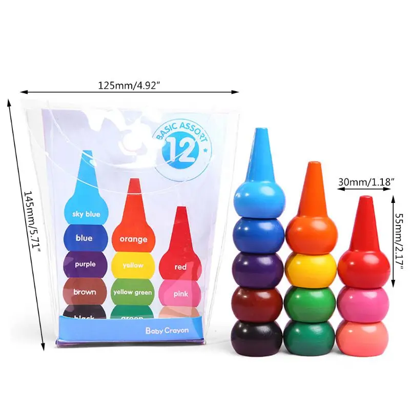 

12 Colors 3D Finger Crayons Non Toxic Washable Painting Drawing Wax for Toddler Baby Kids Stackable Educational Art Supplies