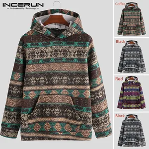 Мужские худи с этническим принтом и карманами, уличная одежда, пуловеры с капюшоном и длинным рукавом, трикотажная осенне-зимняя модная Толстовка INCERUN 2021