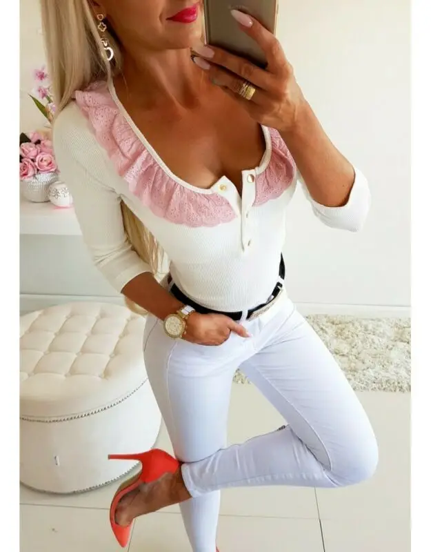 

Womens Lace Button Square Collar Long Sleeve Shirt Ladies Casual Shirt Blouse Tops