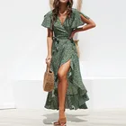 Женское пляжное платье макси в стиле бохо, Зеленое Длинное платье с цветочным принтом, с оборками и запахом, с V-образным вырезом, сексуальное вечернее платье
