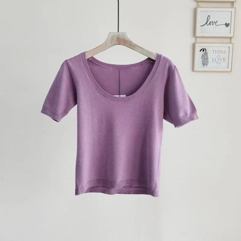 

Simple Office Wear Solid Casual Knitted Tees O-neck Short Sleeve Loose Woman Tshirts 2021 Spring Summer Chic All Match Tops