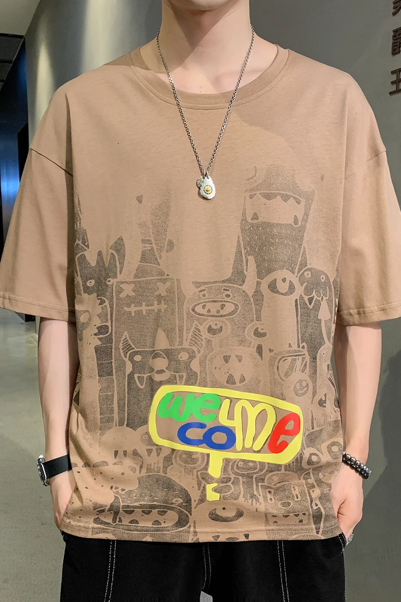 

Tide Brand Cartoon Printed Cotton Short-sleeved T-shirt Male Ins Hong Kong Style Jacket Casual Loose Wild Round Neck T-shirt