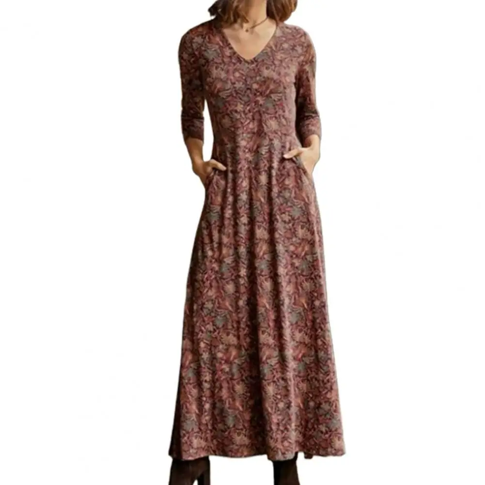 

2021 Women Vintage Dress V Neck Long Sleeve Ankle-Length Dress Large Hem Printed Pockets A-line Casual Maxi Dress for Autumn