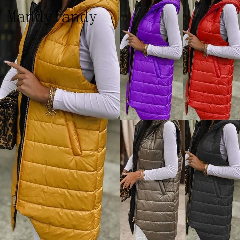 

Mandylandy Winter Vest Women Hooded Plus Size Warm Winter Jacket Women Long Vest Parka Sleeveless Zipper Outwear Waistcoat Vest