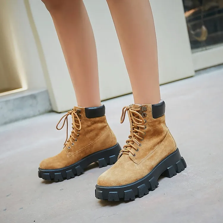 Женские замшевые ботинки PXELENA желтые черные на массивной платформе в стиле панк