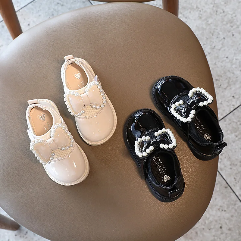 Zapatos planos suaves y c&oacute;modos para ni&ntilde;as, calzado de piel con lazo de perlas y abalorios de princesa, para primavera y oto&ntilde;o-1