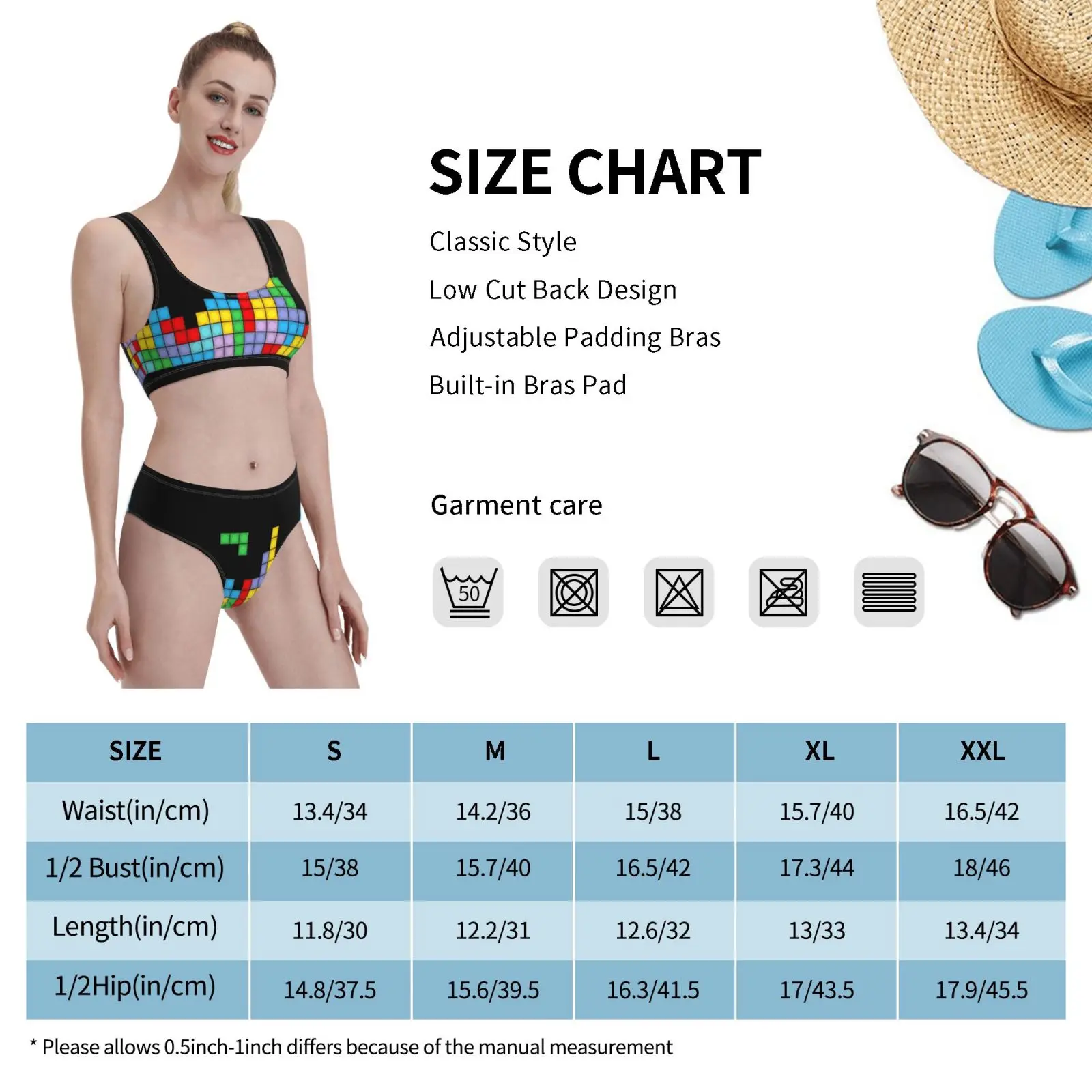 

Video Game Swimsuit one piece Bikini Padded Tetris Game Blocks Colorful Covering Germs Mandatory