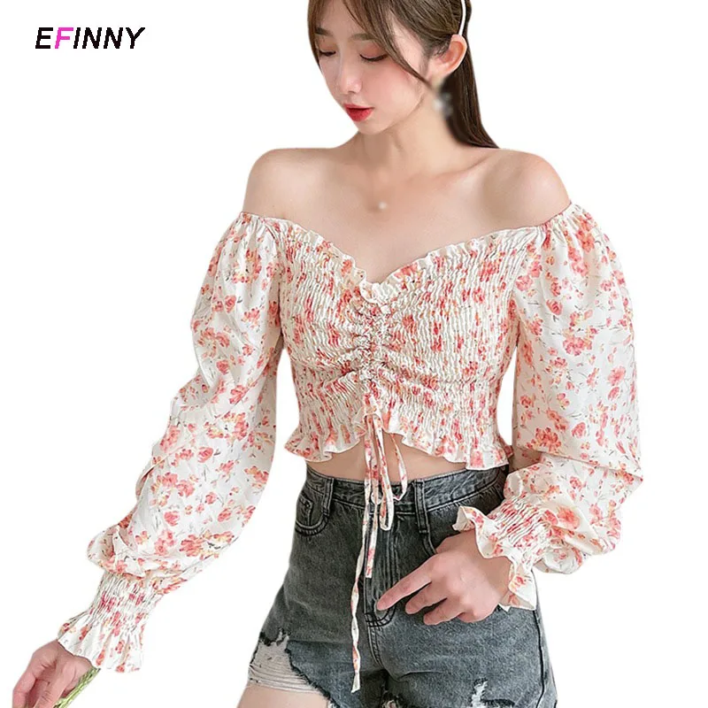 

Women T shirt Floral Print Tops Long Sleeve T shirts Korean Style Crop Top Ladies Summer Wear Streetwear Women Clothing