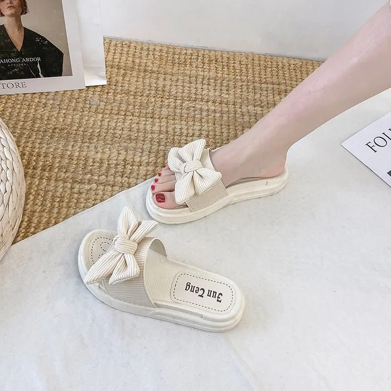 

Slippers Women Summer Low Shoes Butterfly-Knot Slides Platform Pantofle Fashion Soft Flat 2021 Luxury Basic Butterfly-knot Cotto