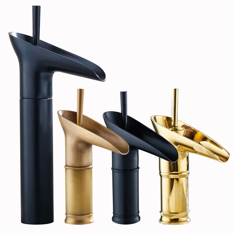 

Bathroom Solid Brass Basin Faucet Cold Hot Water European Basin Faucet Art Basin Waterfall Black Gold Retro Faucet Antique Brass