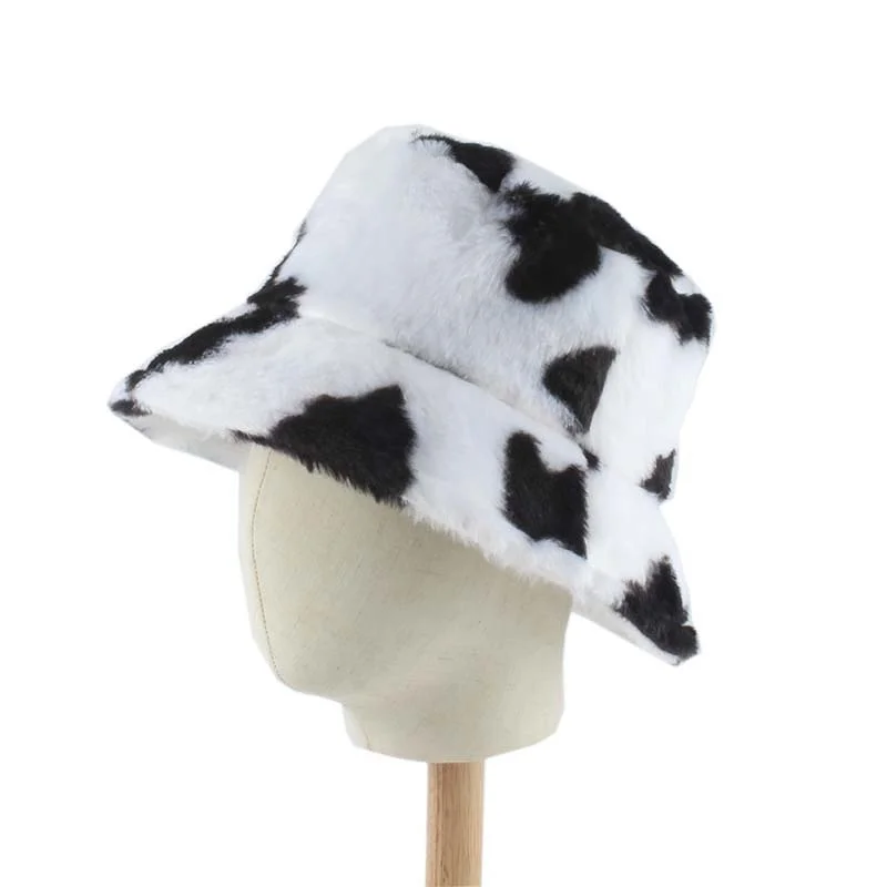 

2021 New Fashion Faux Fur Winter Hats For Women Black White Cow Print Bucket Hat Men Panama Fisherman Caps Gorras