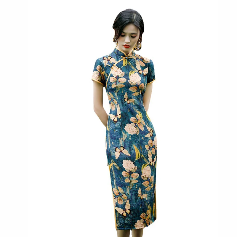 

Chinese Women's High Slit Dress Butterfly Floral Printed Cheongsam Monolayer Cotton Linen Short Sleeve Elegant Retro Midi Dress