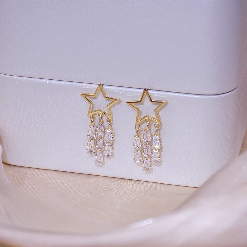 

Vintage Elegant 14k Real Gold Five-pointed Star Tassel Drop Earrings for Women S925 Silver Needle High Quality Jewelry Zirconia