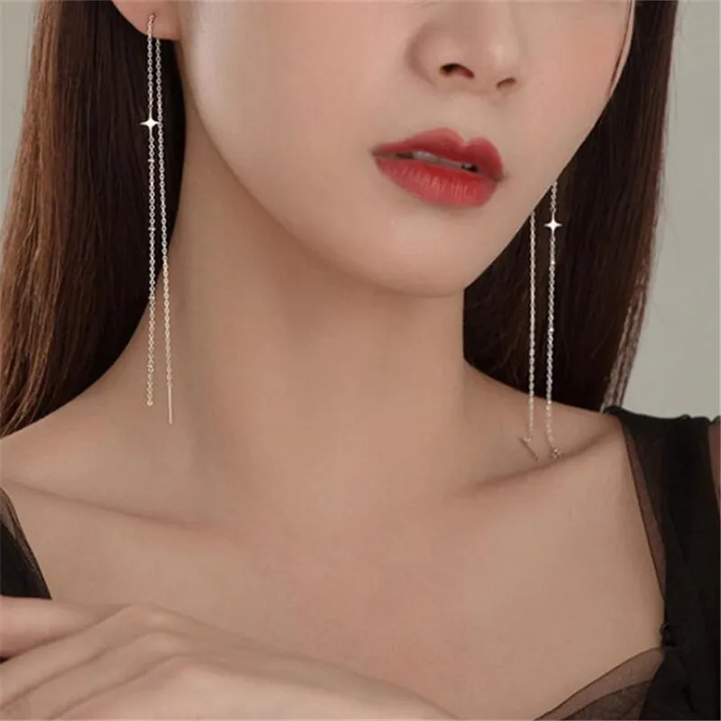 

925 Sterling Silver Long Chain Cross Drop Earring For Women Girls Wedding Party Elegant Korean Jewelry Pendientes eh1832