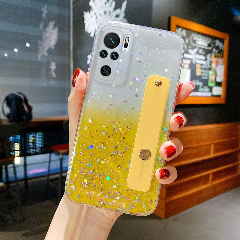 wrist band gradient glitter transparent phone case for xiaomi redmi note 10 9 pro mi 11 10 lite mi poco x3 nfc epoxy soft cover free global shipping