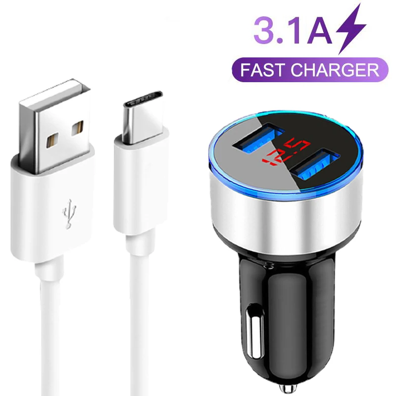 

USB Type-c Cable 3.1A Dual USB Car Charger Phone Adapter For Samsung A32 A52 A72 A12 A42 A02S 5G A21S A51 A71 Mobile Phones