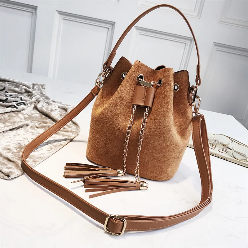 

Women's 2019 Portable One Shoulder Fashion Frosted Small bags Messenger bags Tassel Bucket bags