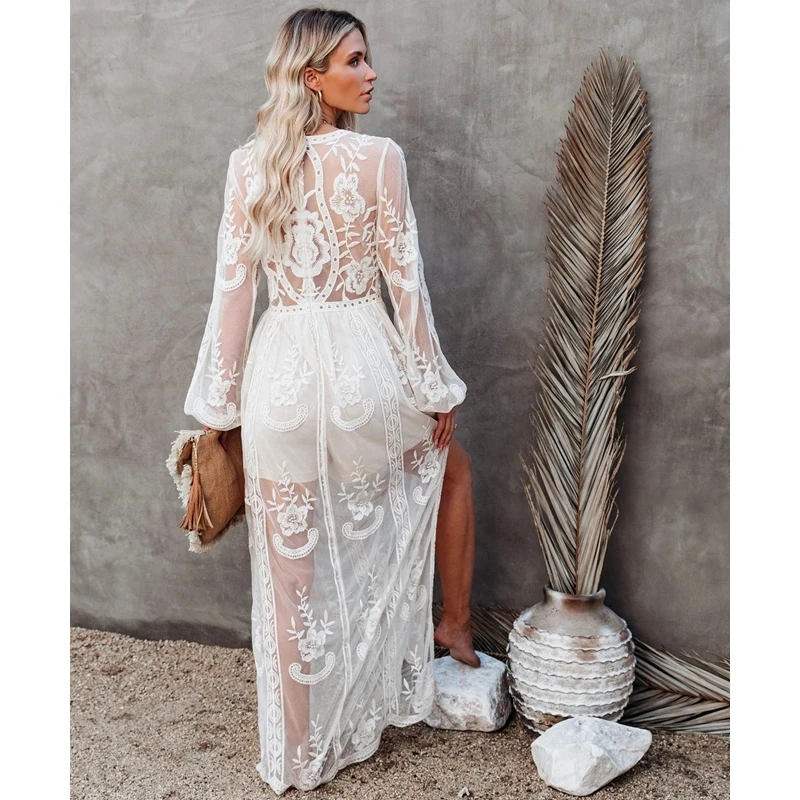 

WEPBEL Dress Summer Chiffon Long Sleeve V-neck High Waist Slit Dress Women's Sexy Mesh Solid Color Stitching Loose Dress
