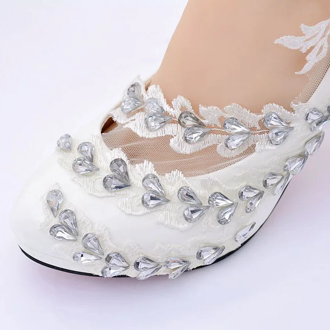 8cm White Свадебные туфли с цветочным узором; белые женские туфли-лодочки на высоком каблуке с кружевом для невесты; женская обувь; обувь на высоком каблуке с кристаллами; обувь для вечеринок; женская обувь - Цвет: 8cm White