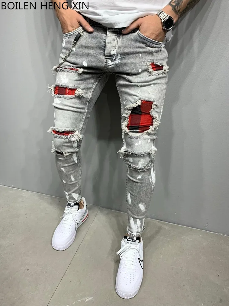 

3 Styles Men Ripped Skinny Biker Embroidery Print Jeans Destroyed Hole Taped Slim Fit Stretchy Denim Scratched High Quality Jean