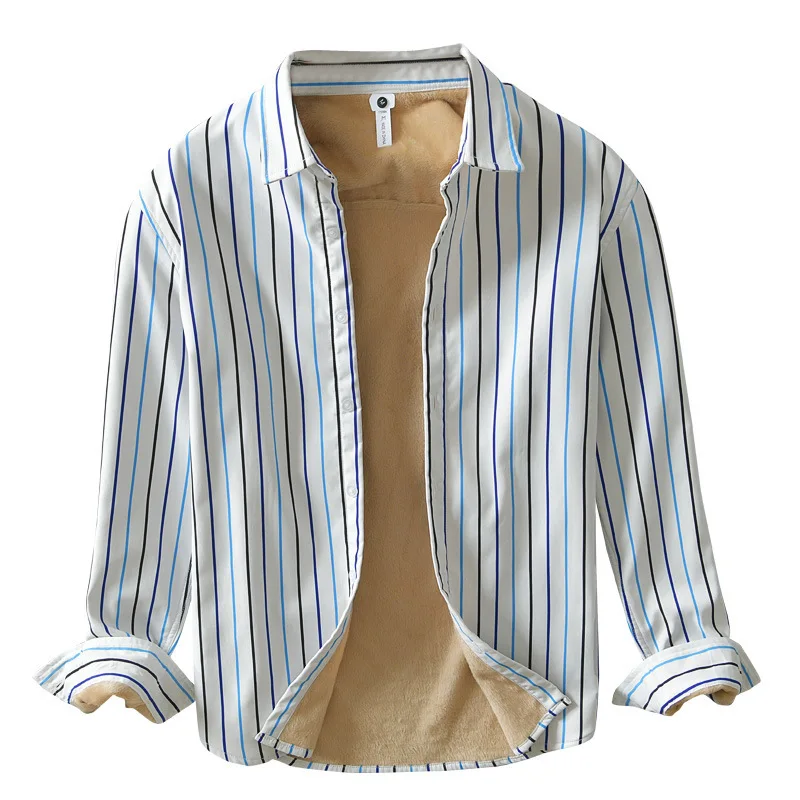 

Men Winter Fashion High Quality Japan Style Soft Warm Fleece Striped Shirt Business Casual Slim Classical Blouse Thick Tops Male