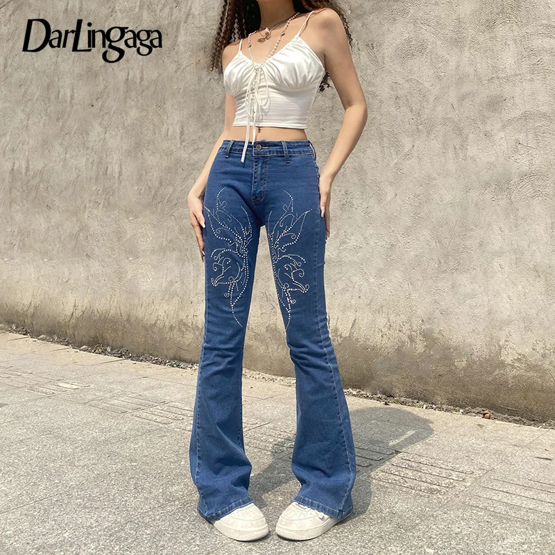 

Darlingaga Y2K Korean Fashion Butterfly Rhinestone Skinny Low Rise Jeans Woman Casual Retro Aesthetic Flared Jeans Pants Clothes