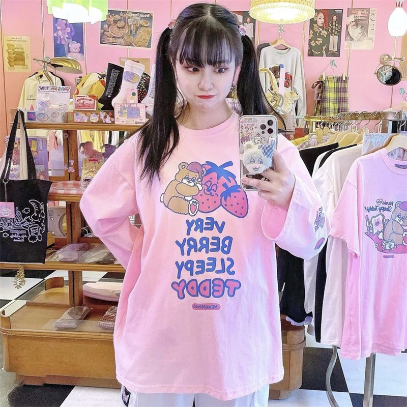 

New Summer Women Korean Girl Fun Cute Cartoon Sleeping Bear Strawberry Print Long Sleeve T-shirt Sunscreen Shirt tops