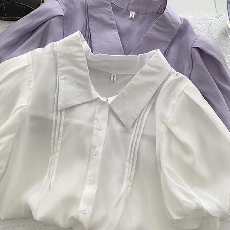 

EBAIHUI Fashion Elegant Vintage White Blouses Women 2021 Summer Korean Solid Loose Casual Puff Sleeve Tops Shirts Femme Blusas