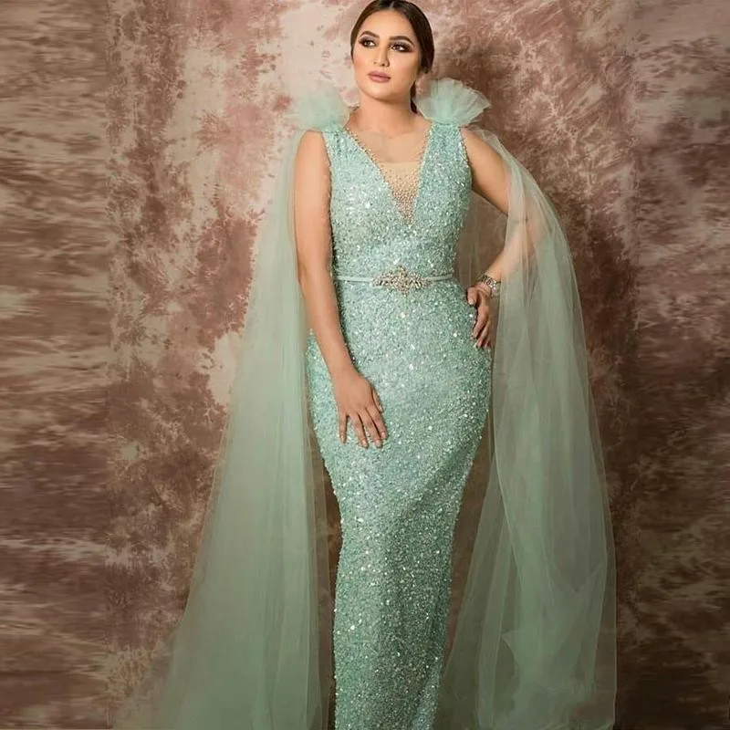 Shiny Mint Sequined Prom Dresses with Wrap Sequins Beaded Mermaid Evening Gowns Plus Size Party Wear African платье | Свадьбы и